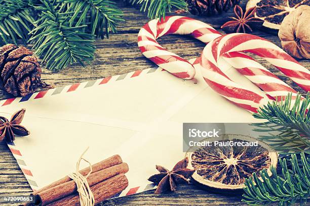 Vintage Christmas Frame With Envelope Stock Photo - Download Image Now - Air Mail, Anise, Backgrounds