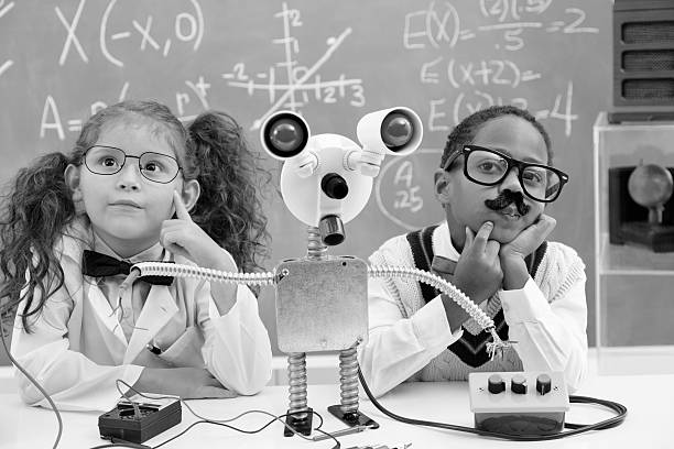 Education:  Retro revival children making robot in science lab.