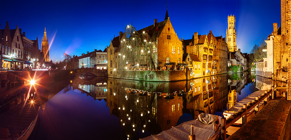 Bruges panorama at night. The image is a collage, every photo used has it's original resolution.