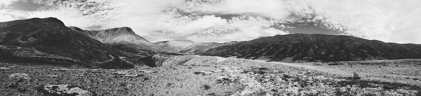 Black and white panorama of Khibiny mountains in Russia