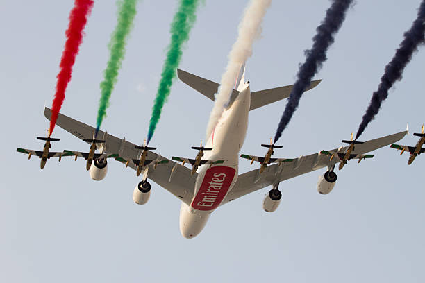 Emirates A380 And Uae Aerobatic Display Team Stock Photo - Download Image  Now - Airbus A380, Airshow, Dubai - iStock