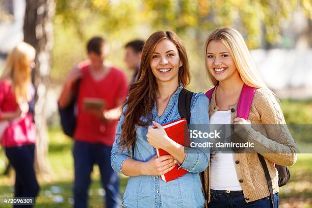 Dois Alunos Felizes Em Frente Do Campus - Fotografias de stock e mais imagens de Pessoa a Estudar - Pessoa a Estudar, Universidade, 20-29 Anos