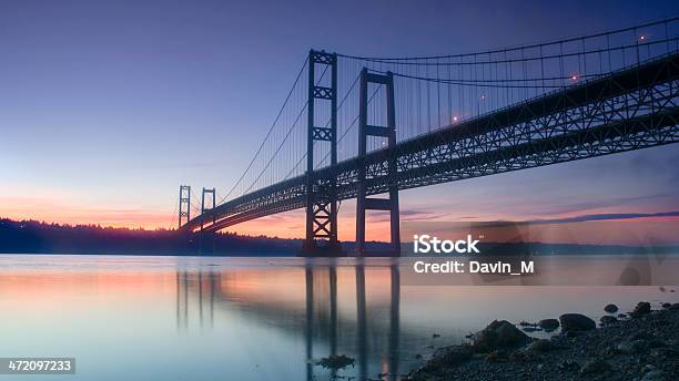 Sunset Behind A Dark Bridge With Still Waters Stock Photo - Download Image Now - Tacoma, Washington State, Bridge - Built Structure