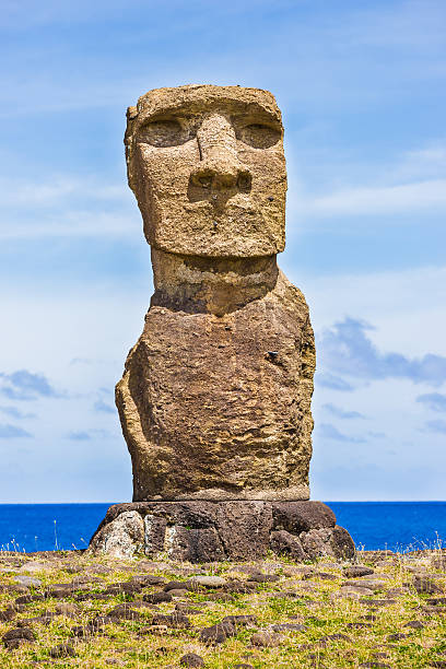 A beautiful landscape sunrise / sunset day over Ahu Tahai archeological complex in a summer day in Easter Island, Rapa Nui, Polynesia, Chile, Latin America.