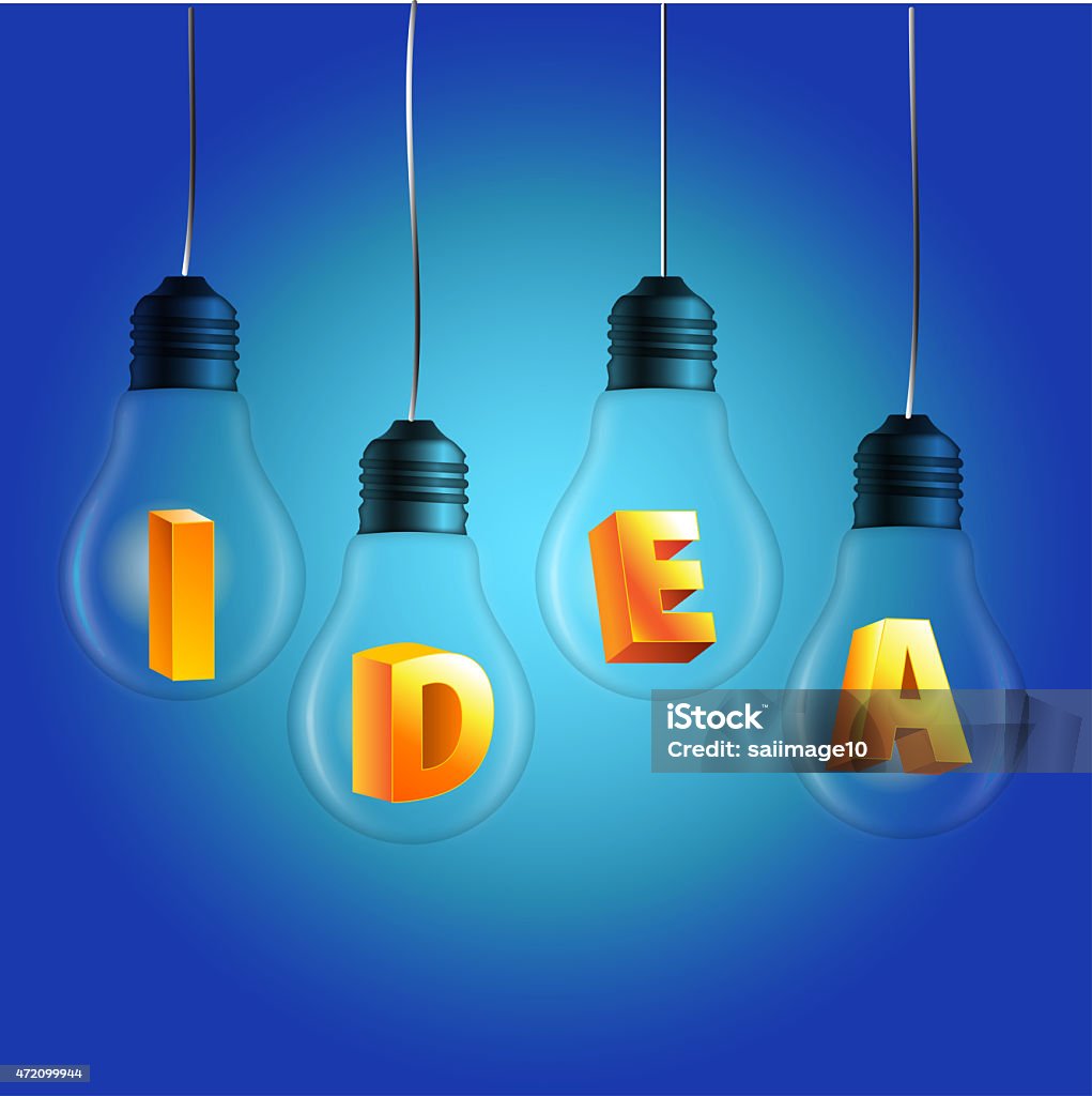 idea word in bulbs with blue background Light Bulb with wire contain the word Idea on blue background. 2015 Stock Photo
