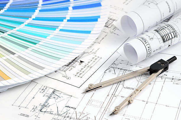 istock Color Swatch for home improvement with blueprints and drawing compass 472100877