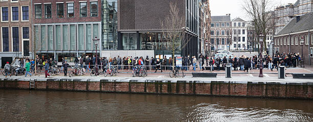 Amsterdam, The Netherlands - December 26, 2013: Lots of tourists and visitors waiting in line in front of Anne Frank huis in the city center of Amsterdam. The Anne Frank House is a museum dedicated to famous Jewish wartime diarist Anne Frank