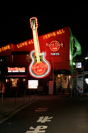 Roppogni, Tokyo, Japan-August 13, 2009: The entrance of Tokyo Hard Rock Cafe at Roppogni Area.Roppongi  is a district of Minato, Tokyo, Japan, famous as home to the rich Roppongi Hills area and an active night club scene.