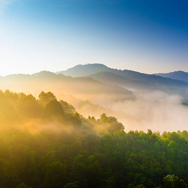 istock Beautiful sunshine at misty morning mountains . 472102859