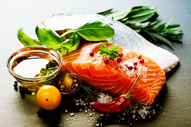 istock Delicious portion of fresh salmon fillet covered with herbs 472103214