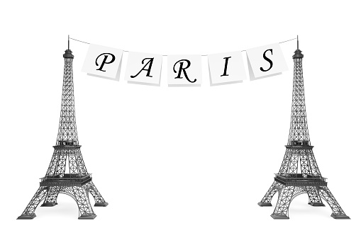 France Tourism Concept. Paris Sign on the rope with Eiffel Tower on a white background