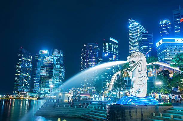 parque de merlion en singapur - merlion singapore marina bay lighting equipment fotografías e imágenes de stock