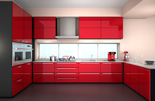 Front view of modern kitchen interior in red color theme. 3D rendering image in original design.