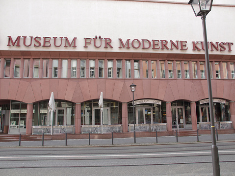 Frankfurt am Main, Germany - June 3, 2013: The Museum fuer Moderne Kunst (Museum of Modern Art) designed by Viennese architect Hans Hollein in 1982 is the newest art gallery in town