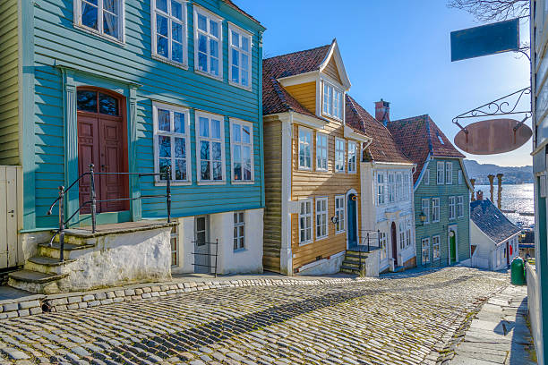 Gamle (old) Bergen Museum in Bergen, Norway Bergen, Norway - February 15, 2015: This museum offers a rare look at small-town life during the 18th and 19th centuries with various antique dwellings and shops, a bakery, and even the town's local barber and dentist. gamle bergen stock pictures, royalty-free photos & images