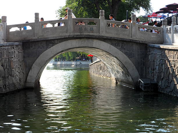 Beijing, China - July 5, 2013: A view of Houhai. Tourists and locals walk around Houhai. Houhai is a famous lake located in the northwest part of Beijing, China. It is surrounded by old-style local residences, Hutongs and Courtyard. This area is also known for its nightlife with many popular restaurants, bars, and cafes.