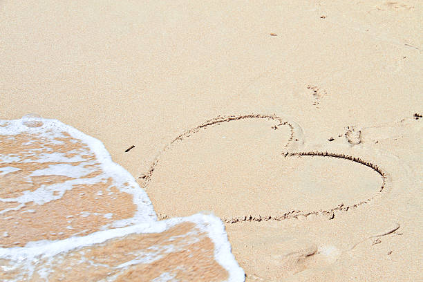 istock Water wave splash on heart shape draw on beach 472108642