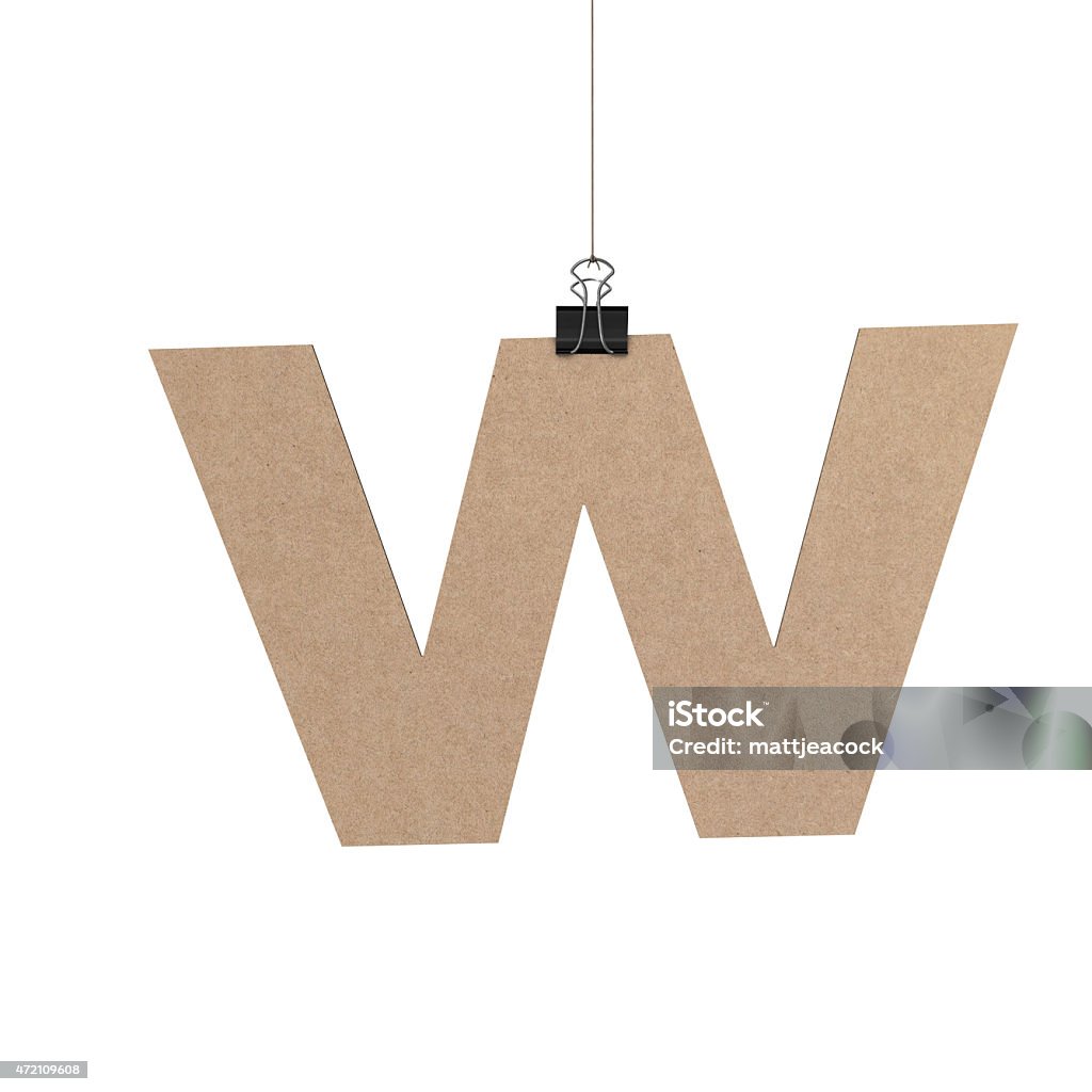 Lowercase letter w hanging on string A  3D representation of Lowercase letter w hanging on a plain white background. The letter is hanging from a binder paper clip that is attached to a piece of string. The letter has a cardboard texture. The background is pure white. All letters are available and can be combined to form words. 2015 Stock Photo