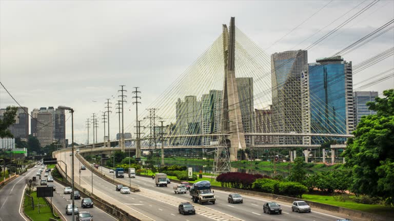 Timelapse View of Traffic on Famous Ponte Estaiada Bridge in Sao Paulo, Brazil