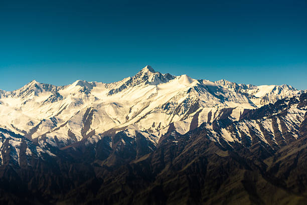 Himalaya mountains landscape with high altitude snow and ice glacier summit peaks. Everest Base Camp Solo Khumbu trekking region in Nepal. Beautiful Himalayas eight thouthander summits under blue sky