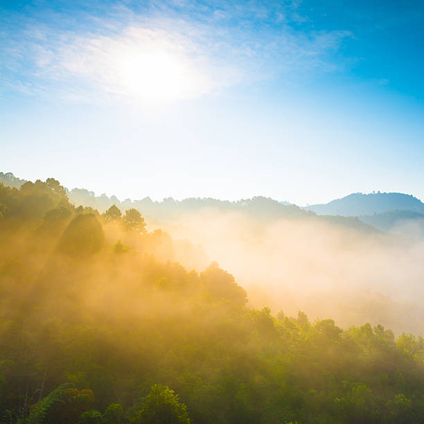 istock Beautiful sunshine at misty morning mountains . 472111219
