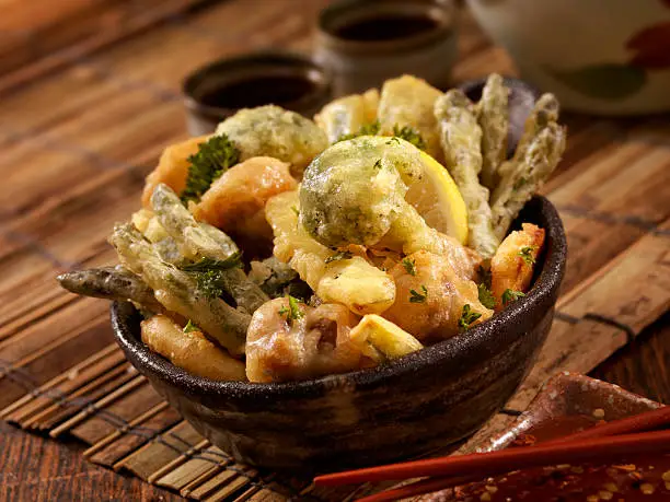 Tempura Battered Vegetables - Broccoli,asparagus,mushrooms,sweet potato and Zucchini  - Photographed on a Hasselblad H3D11-39 megapixel Camera System