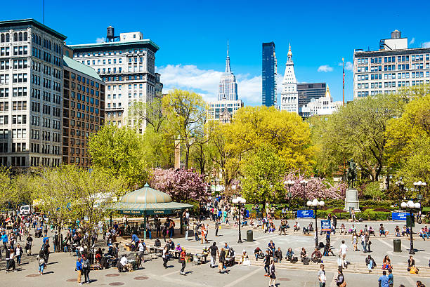 Union Square New York City High view of Union Square and the Empire State Building union square new york city stock pictures, royalty-free photos & images