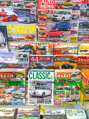 Berlin, Germany  - January 7, 2014: German car magazines at a newsstand