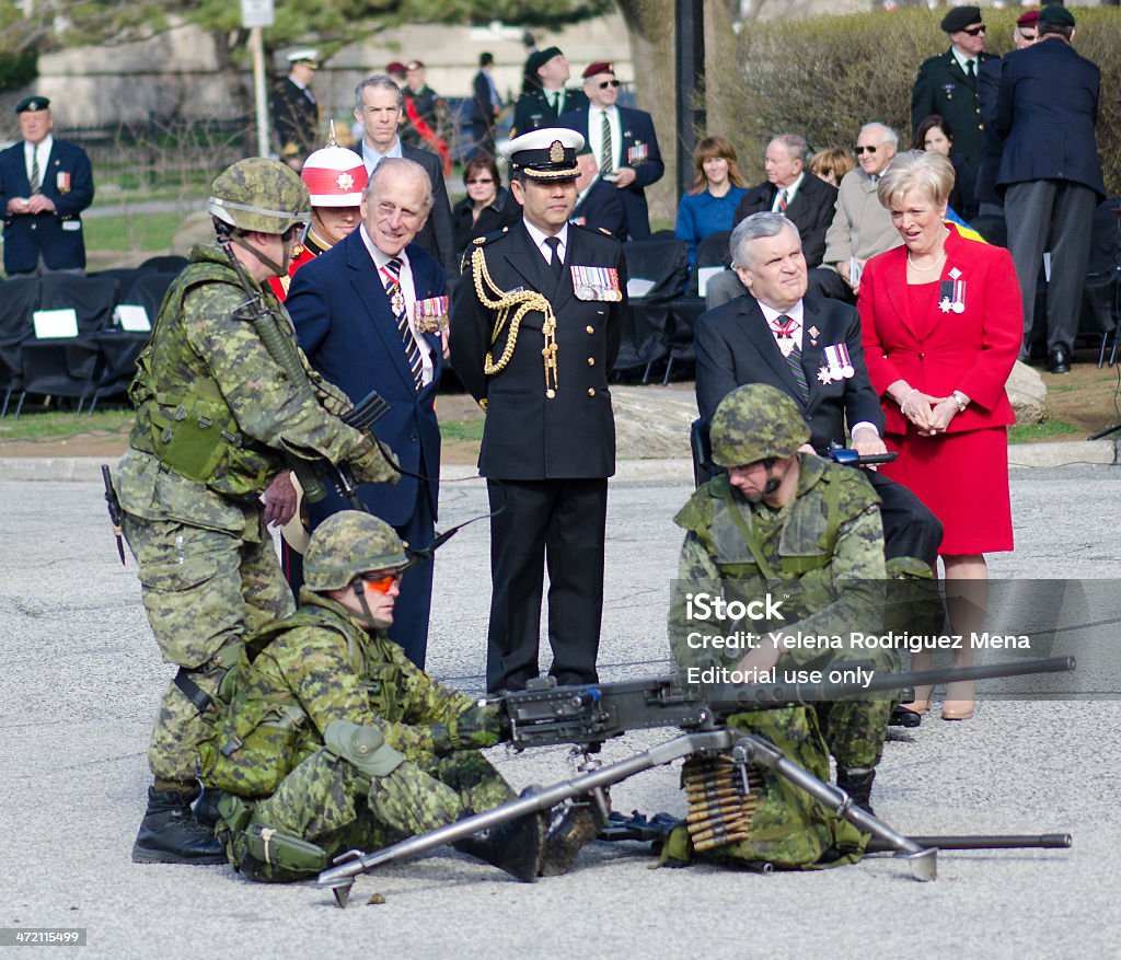 Toronto Bicentennial Commemoration Battle of York Toronto, Canada- April 27,2013:  Prince Philip, the Duke of Edinburgh  visits Canada to present the new Colours to the 3rd Battalion of the Royal Canadian Regiment. The ceremony takes place in front of the Queen's Park Legislative Assembly of Ontario. His Royal Highness is the Colonel-in-Chief of the Royal Canadian Regiment since December 1953 Prince Philip Stock Photo
