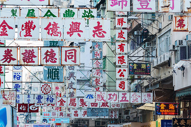 Hong Kong, Сhina - October 25, 2013 : Billboards in the street of old district in Hong Kong. With land mass of 1104 km and 7 million people, Hong Kong is one of most densely populated areas in the world 
