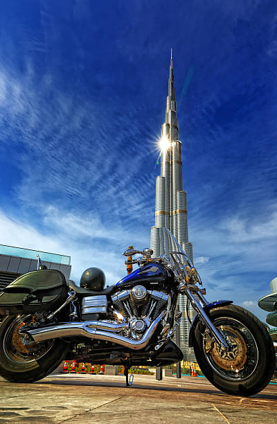 Harley Davidson & Burj Khalifa Dubai, United Arab Emirates - January 10th, 2014: harley davidson fat boy stock pictures, royalty-free photos & images