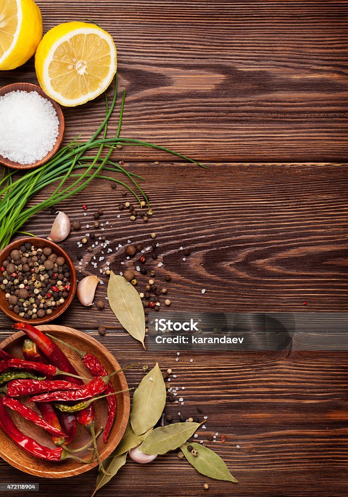 Various spices on wooden background Various spices on wooden background. Top view with copy space 2015 Stock Photo