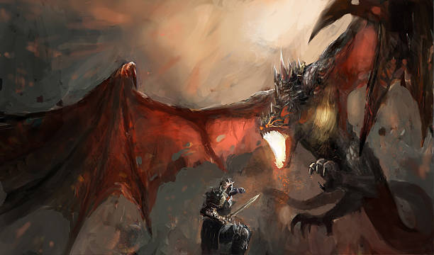 illustrations, cliparts, dessins animés et icônes de knight fighting dragon - fire illustration and painting dragon art