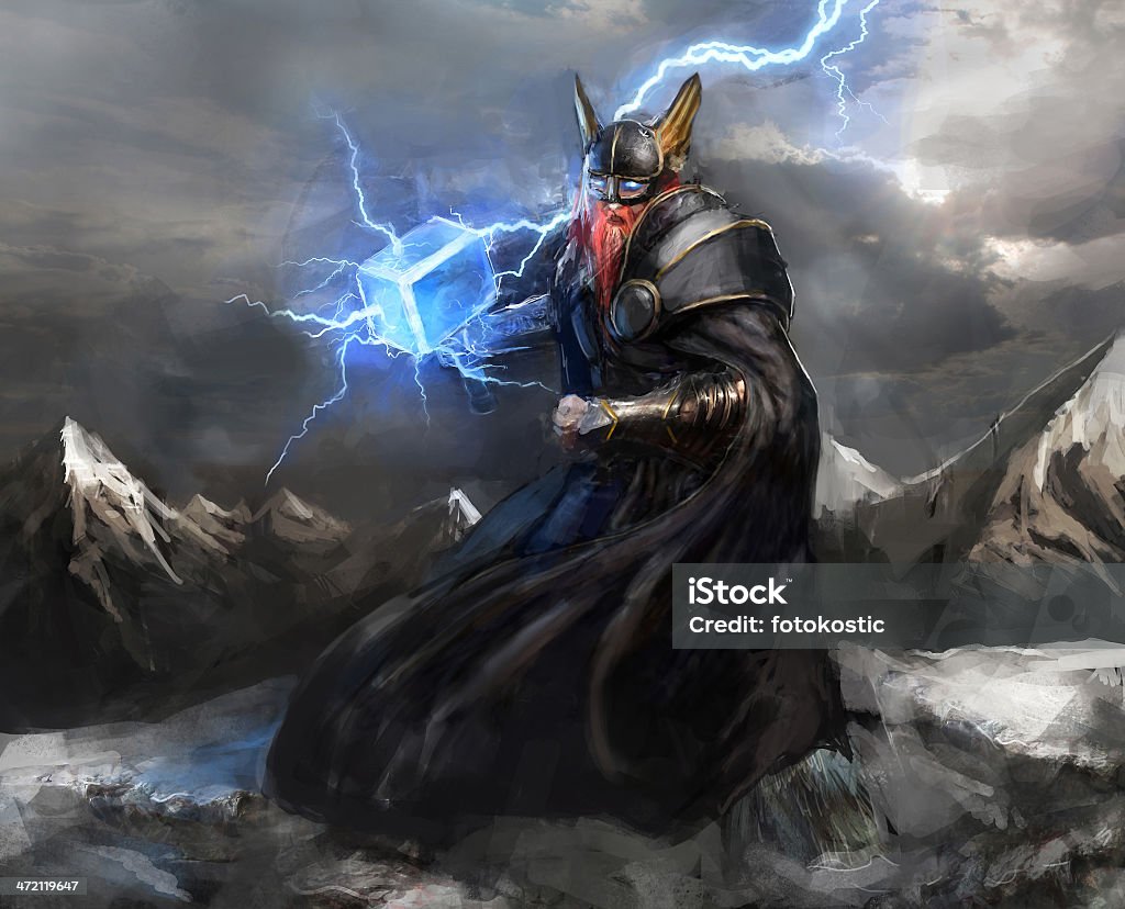 Drawing Of The Character Thor With Mountains Stock Illustration ...