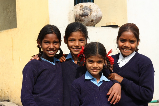 Udaipur, India - January 31, 2013: Young Indian school girls dressed in uniform in Udaipur, India.