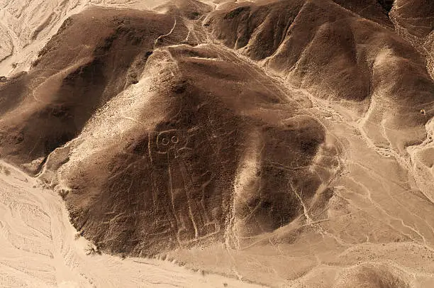 Ariel photography of The Nazca Lines, a series of ancient geoglyphs located in the Nazca Desert in southern Peru.