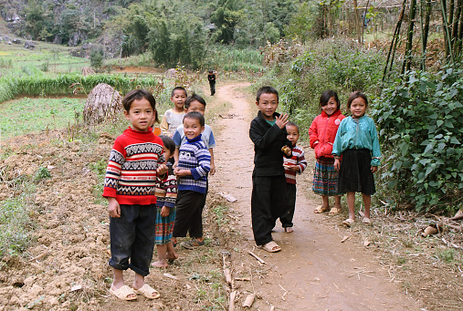 Ha giang, Vietnam - December 7, 2011: Unidentified kids in mountainous district of Dong Van. Dong Van is the northernmost district of Vietnam and bordering with China.