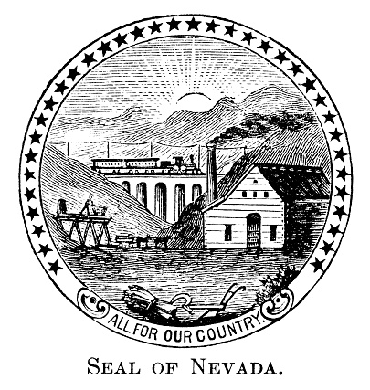Antique engraved image of the state seal of Nevada.