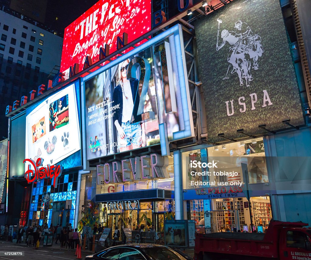 Shopping at night New York City, USA - May 31, 2013: Retail shops with big digital billboards at the crowded Times Square New York City during night. Activity Stock Photo