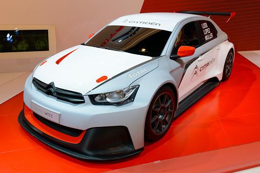 Brussels, Belgium - January 14, 2014: Citroen C Elysee WTCC race car on display at the 2014 Brussels motor show. Citroen will participate in the 2014 FIA World Touring Championship with racing drivers Sebastien Loeb, Yvan Muller and Jose Maria Lopez.