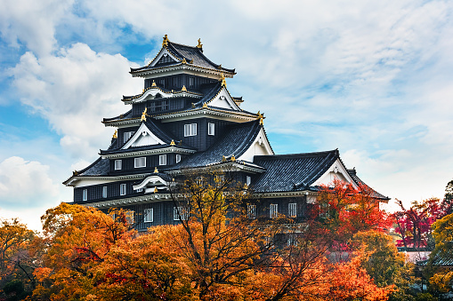 Okayama, Japan - November 17 2013: Okayama castle was completed in 1597, it's black exterior has it earned the nickname \