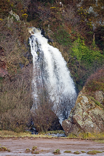 Waterfall by Southwick Water near RSPB Mersehead Nature Reserve, Southwick, Dumfries and Galloway, Scotland, UK. Portrait.