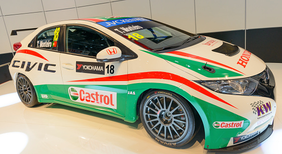 Brussels, Belgium - January 14, 2014: Honda Civic Touring Race Car on display at the 2014 Brussels motor show. Castrol Honda World Touring car participated in the 2013 WTCC series with this car.