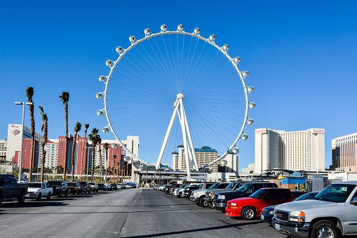 Las Vegas, USA - January 13, 2014: The High Roller is a 550-foot tall (167.6 m), 520-foot (160 m) diameter giant Ferris wheel announced in August 2011 as the centerpiece of Caesars Entertainment Corporation's $550 million The LINQ on the Las Vegas Strip, Nevada.