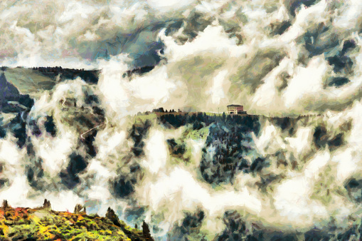 House among clouds mystic fairy landscape oil painting