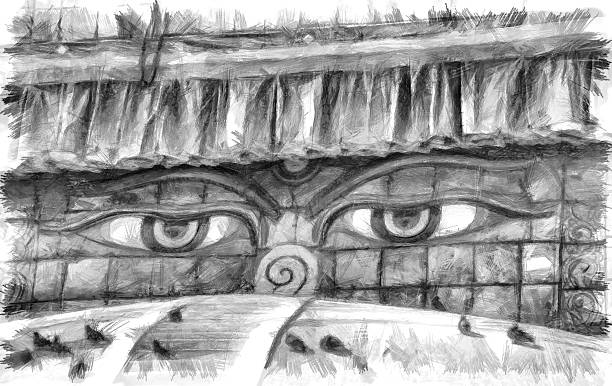 yeux de bouddha sur boudnath stupa de katmandou noir dessin au crayon - bodnath stupa photos et images de collection