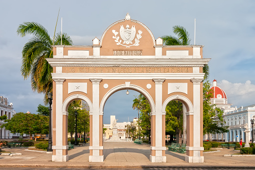 Cienfuegos, Cuba - May 5, 2008: Arch of Triumph  located in Jose Marti park at historical center of city shown on 5 May 2008 in Cienfuegos, Cuba