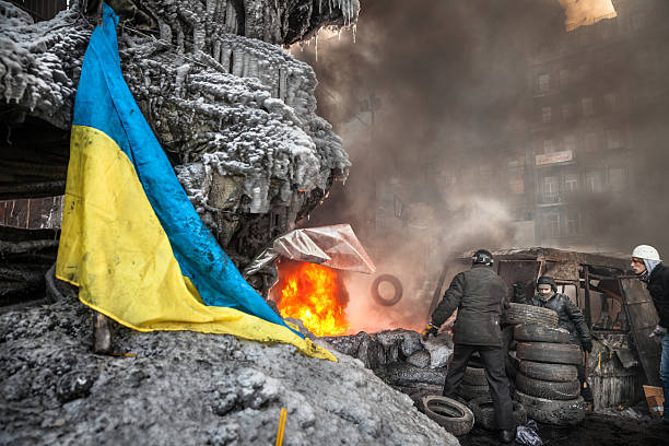 KIEV, UKRAINE - January 25, 2014: Mass anti-government protests Kiev, Ukraine - January 25, 2014: Mass anti-government protests in the center of Kiev. Protesters burn tires in the conflict zone on the Hrushevskoho St. war stock pictures, royalty-free photos & images