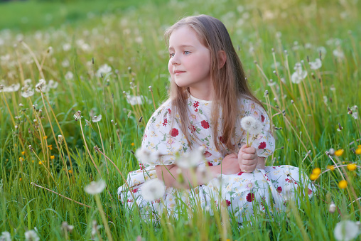 Beautiful, young girl with dandelions