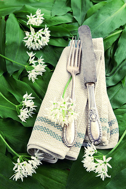 wild garlic (Allium ursinum) and antique silverware wild garlic (Allium ursinum) and antqize kitchen knife with fork.  zigeunerlauch stock pictures, royalty-free photos & images